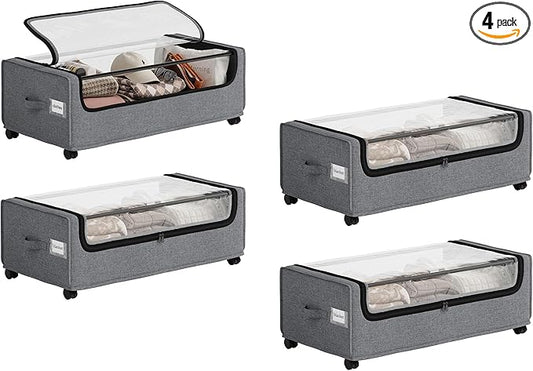 Under Bed Storage, 4-Packs Under Bed Storage With Wheels, Under bed Shoe Storage, Metal Frame, 90L Capacity, Storage Drawers for Bedroom