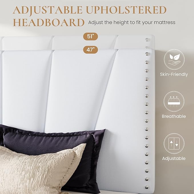 SHA CERLIN King Size Bed Frame with Adjustable Upholstered Velvet Rivets Headboard, Sturdy Wooden Slats, Strong Platform Support for Mattress, No Box Spring Needed, Easy Assembly, White