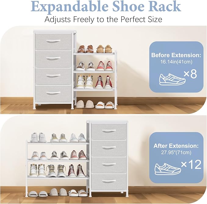Cidaziya Expandable Closet Organizers and Storage, 4 Drawer Dresser, White Fabric Storage Dresser, Clothes Shelves for Kids, Purse Organizer Small Shoe Rack for Closet Bedroom