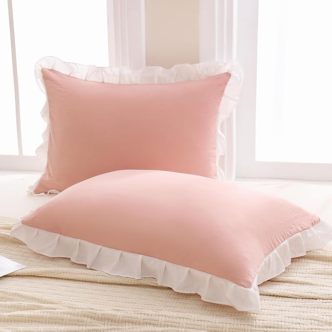 Merryword Pink Pillow Shams Pink and White Reversible King Pillowcases Cute Pillow Cover Set of 2 Soft Shabby Chic Ruffled Pillowcases 2 Pack (King (20''x36''), Pink White)