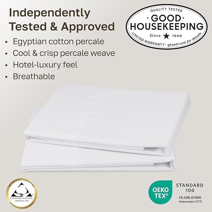California Design Den Standard/Queen Pillow Cases Set of 2-100% Egyptian Cotton, Crisp Percale Feel, Soft & Breathable Standard/Queen Size Pillow Cases - White