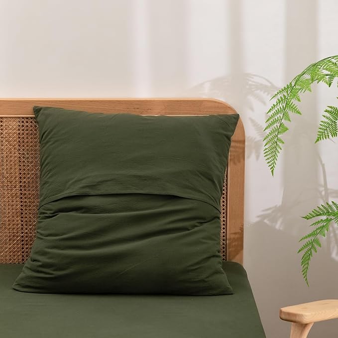 BESTOUCH 100% Washed Cotton Pillowcase for Hair and Skin Linen Feel Soft Comfortable Breathable 2 Set Pillow Case with Envelope Closure Solid Olive Green Euro 26x26 Inches