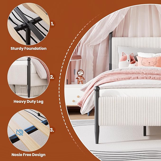 Garvee Twin Size Upholstered Bed Frame - with Velvet Headboard, Soft Corduroy Fabric Platform with Wooden Slats Support & Heavy Duty Feet, No Box Spring Needed, Noise Free, Easy Assembly, White