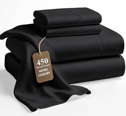 LANE LINEN Cali King Sheet Set - 450 Thread Count Premium Sateen Weave for Silky Feel On Skin - Cooling Sheets for Deep Sleep - Securely Fits Mattresses Upto 15'' Deep - Oeko Tex Certified - Black