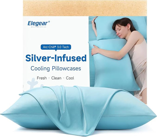 Elegear Cooling Pillow Cases for Hot Sleepers, Clean Fabric Silver Infused Cooling Pillowcase Q-Max>0.5, Soft Silky Pillowcases for Hair & Skin, Summer Zipper Pillowcase Cover Set of 2-Standard, Blue