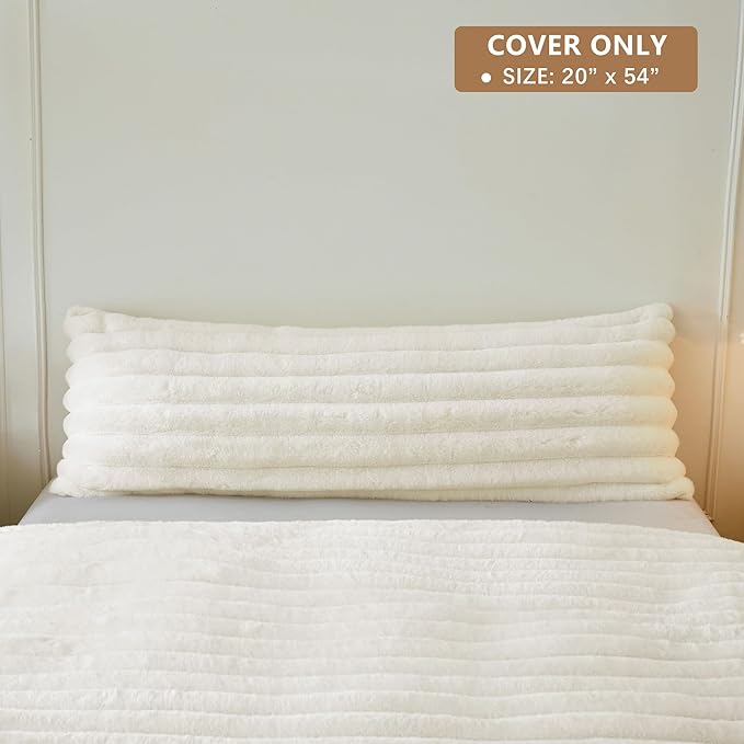 MEGO Luxury Faux Rabbit Fur Body Pillow Cover, Fulffy Cozy Plush Fuzzy Striped Ivory Bed Pillowcase 20x54 with Zipper, Home Decor Furry Bedroom Long Pillow Cover for Pregnancy Side Sleeper, Beige