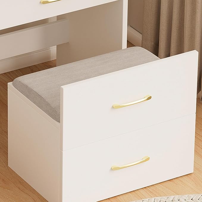 Small Makeup Vanity Desk with Flip Top Lighted Mirror, 3-in-1 Nightstand Vanity Combo with Visible Glass Desktop, Compact Dressing Table with Storage Stool & 3 Drawers for Small Bedroom, White
