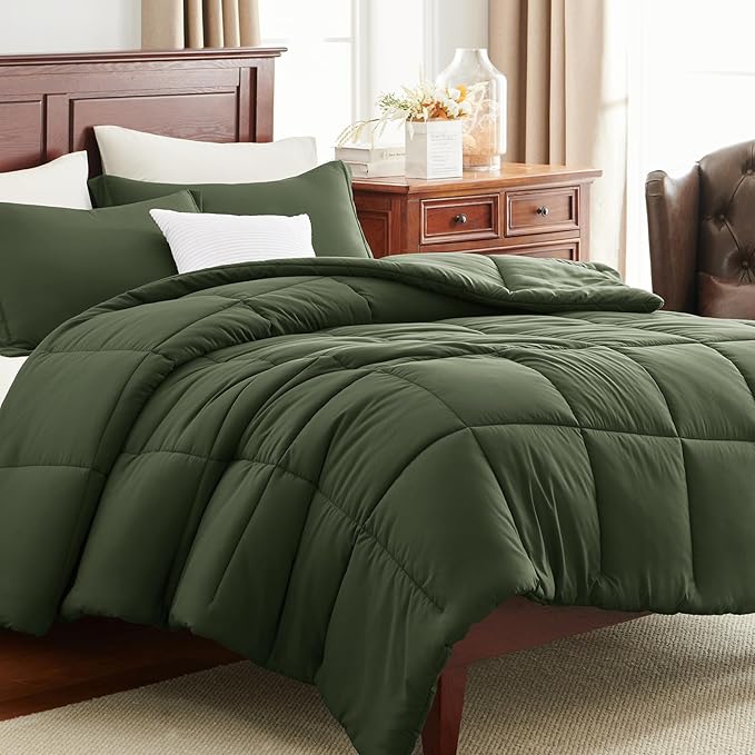 CozyLux King Comforter Set - 270GSM Olive Green Bedding Sets for All Seasons Size, 3 Pieces Box Stitched Bed Set with 1 Down Alternative Comforter and 2 Pillow Shams, Soft, Lightweight, Durable