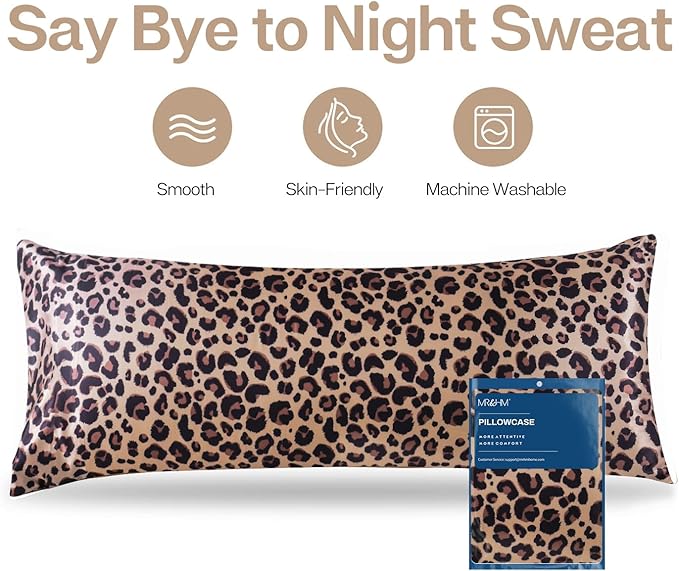 MR&HM Satin Body Pillow Cover, Soft and Breathable Body Pillow Case with Envelope Closure, Cooling and Silky Long Pillowcase for Hair and Skin,Grey (20x54, Brown Leopard)