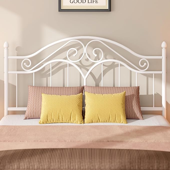 Elephance Headboard for Queen Size Bed Frame, Vintage Platform Bed Metal Headboard Only, Height Adjustable, Sturdy and Stable, Queen Size, Easy Assembly,White