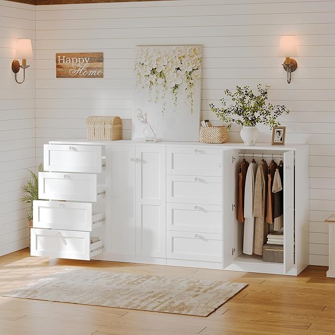 VOWNER Armoire Wardrobe Closet with 4 Drawers and 2 Doors, 43''H Clothing Storage Cabinet Dresser with Hanging Rod, Cothes Wardrobe for Bedroom, Baby Closet, White