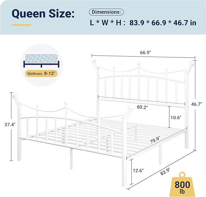 Allewie 14 Inches Queen Size Metal Platform Bed Frame with Elegant Crown Iron-Art Headboard & Footboard, Sturdy Mattress Foundation with Under-Bed Storage, Easy Assembly, No Box Spring Needed, White