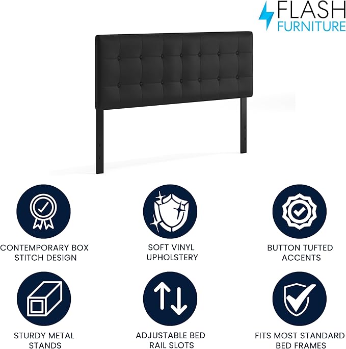 Flash Furniture Lennox Adjustable Height Button Tufted and Box Stitch Upholstered Queen Size Headboard in Black Vinyl