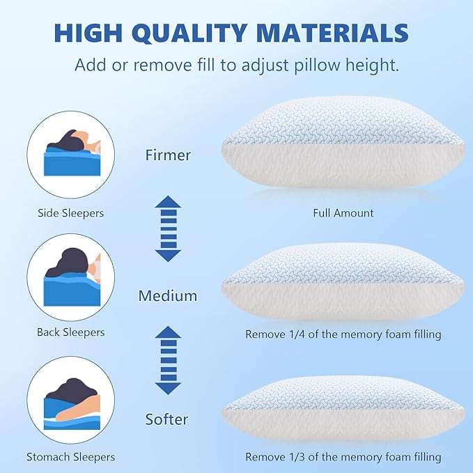 SUPA MODERN Shredded Memory Foam Pillows Queen Size Set of 2, Cooling Bed Pillow for Sleeping for Hot Sleepers, Adjustable Pilllows for Side Back and Stomach Sleepers, Neck & Shoulder Comfort Support