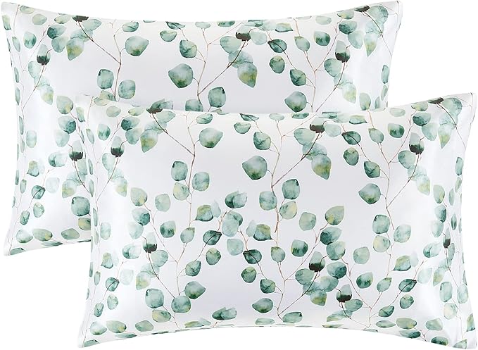 EXQ Home Satin Pillowcase Silky Satin Pillowcase for Hair and Skin,Soft Cooling Printed Pillow Cases Queen Size Set of 2 Satin Pillow Case with Envelope Closure Ink Leaf