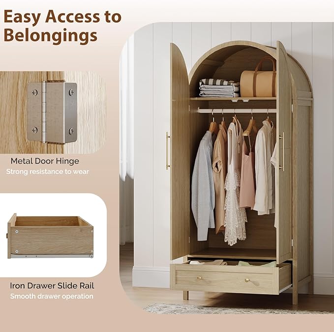 VINGLI Arched Wardrobe Closet Armoire with Doors and Drawer, 70" Tall Wooden Wardrobe Cabinet,Clothing Storage Cabinet, Large Capacity Storage, Natural Oak