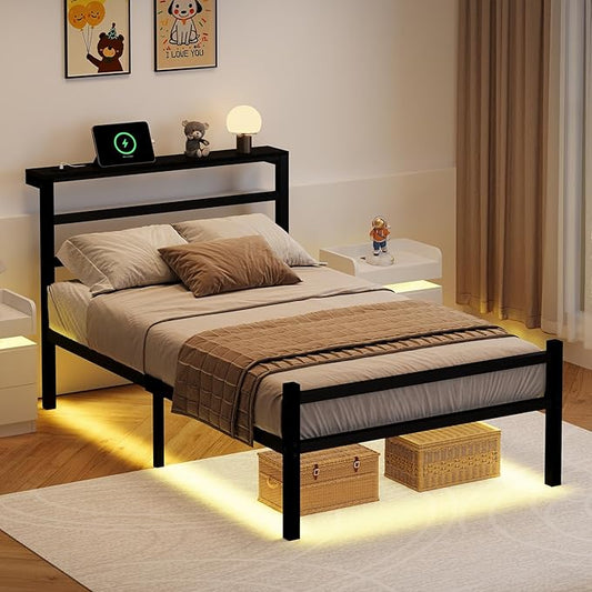 Twin Bed Frames for Kids, Metal Platform Bed Frame Twin Size with Charging Station and LED Lights, Headboard Storage Shelf, Heavy Duty Metal Slats, No Box Spring Needed, Easy Assembly, Black