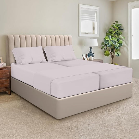SGI Split King Sheet Set for Adjustable Bed Egyptian Premium Cotton 600 Thread Count Sheets for Sleep Number Bed 15" Deep Pocket 5 Pc Set with 2 Twin XL Fitted Sheets Soft Breathable -Silver
