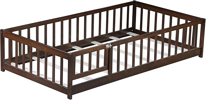 Bellemave Twin Floor Bed Frame with Slats and Safety Guardrail, Wood Twin Size Montessori Floor Bed with Door and Fence, Easy Assemble Montessori Beds for Kids, Girls, Boys, Espresso