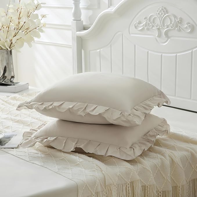 Merryword Beige Pillowcases 18x18 Throw Pillow Covers Pack of 2 Soft Microfiber Ruffle Decorative Pillowcase Cushion for Couch Sofa Bedroom