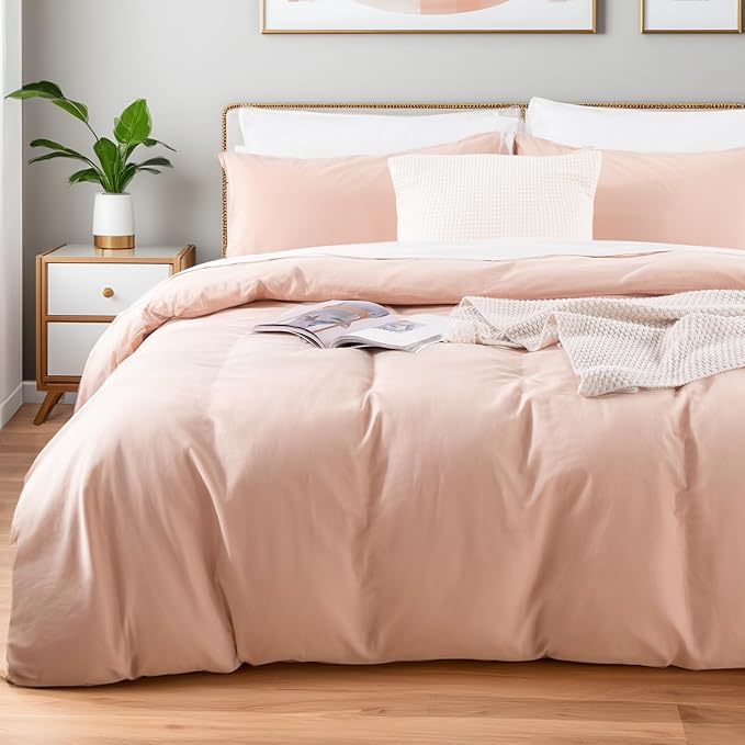 NEXHOME PRO Duvet Cover Set Queen Size Linen Feel Textured Organic Natural 100% Washed Cotton Duvet Cover 3 Pieces Bedding Set with Zipper Closure, Breathable Dusty Pink (No Comforter)
