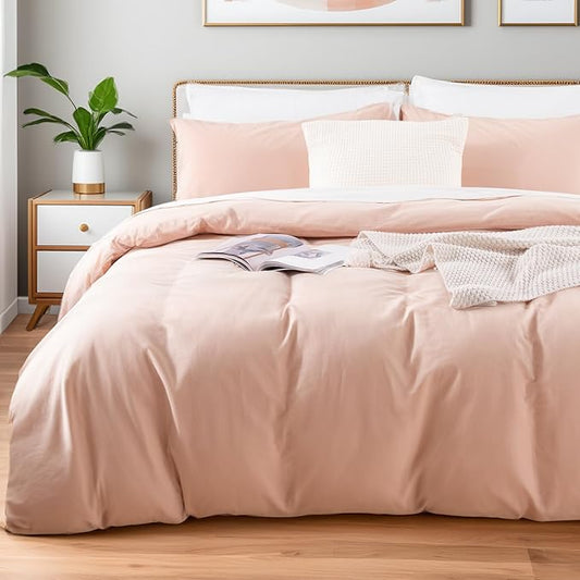 NEXHOME PRO Duvet Cover Set 100% Washed Cotton Oversized King 120"x98" Linen Feel Textured Organic Natural 3 Pieces Bedding with Zipper Closure and Corner Ties, Breathable, Dusty Pink (No Comforter)