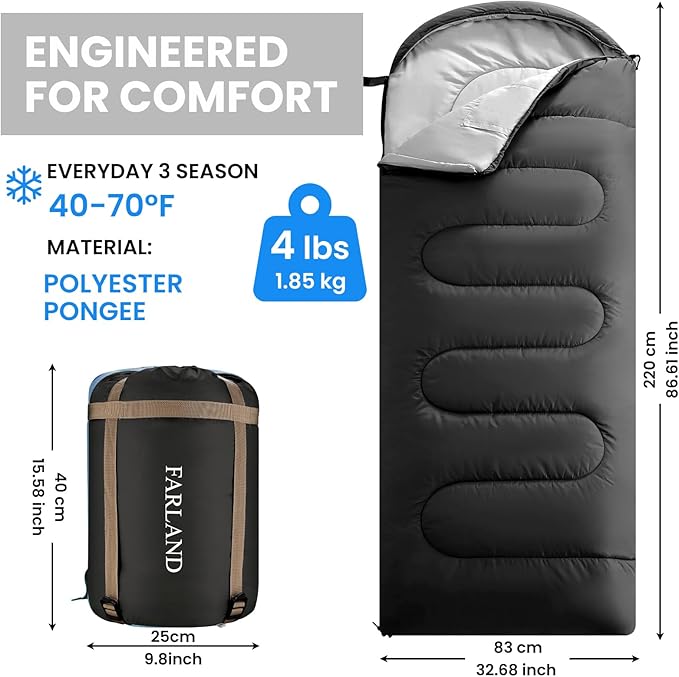 FARLAND Sleeping Bags for Adults, 3 Season Warm & Cool Weather, Lightweight Camping Sleeping Bag for Kids Family Camping Essentials with Compression Sack for Hiking