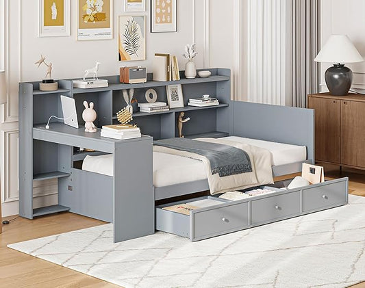 Merax Twin Size Corner Day Bed Frames with USB Outlets Desk and 3 Storage Drawers & Shelves Headboard, Pinewood Captain Daybed for Small Room, Bedroom, Guest Room, Kids' Room, Grey