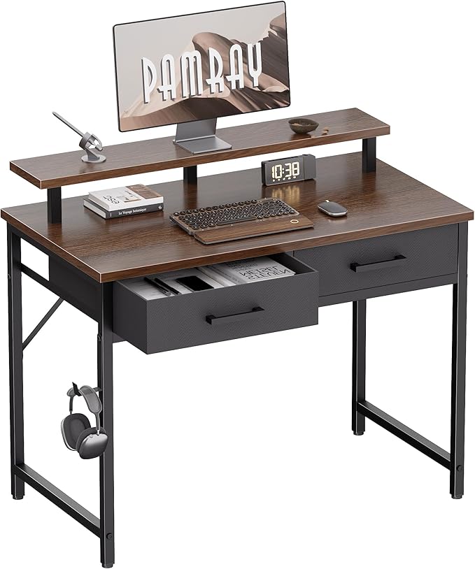 Pamray 32 Inch Small Computer Desk with Monitor Stand Home Office Desks with 2 Drawers for Bedroom Study Writing and Work Table for Small Spaces Brown