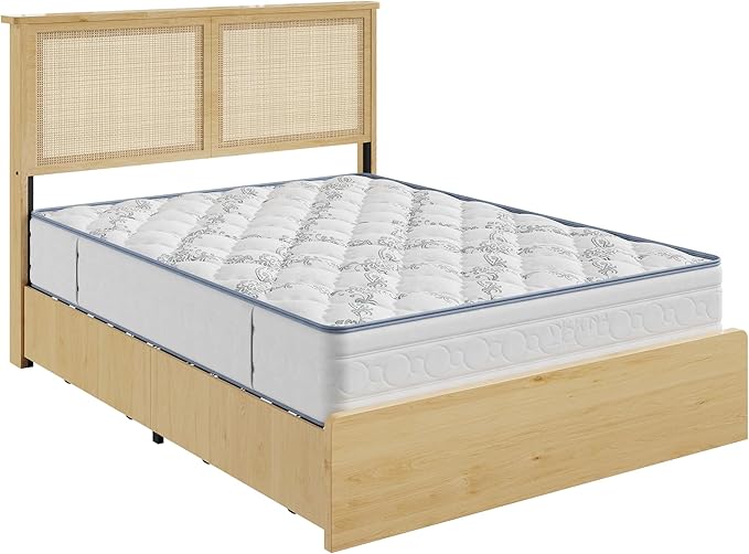 Garvee Full Size Rattan Bed Frame with 4 Drawers, Bohemian Full Rattan Bed Frame with Natural Headboard, Platform Full Size Bed with Wooden Legs, LED Lights, No Box Spring Needed
