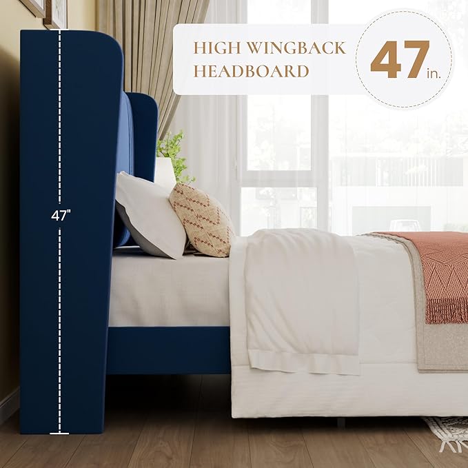 SHA CERLIN King Size Velvet Upholstered Platform Bed Frame with Vertical Channel Tufted Wingback Headboard, Wooden Slats Support, Easy Assembly, Under Bed Storage, No Box Spring Required, Blue