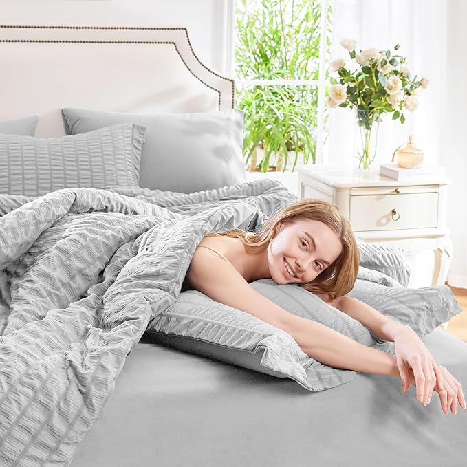 CozyLux Twin XL Comforter Set with Sheets Seersucker Light Grey 5 Pieces Bed in a Bag, Light Gray Twin Extra Long Bedding Sets College Dorm with Down Alternative Comforter, Sheets, Pillowcase & Sham