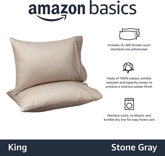 Amazon Basics 400 Thread Count Soft Luxury 100% Cotton Wrinkle Resistant Pillow Cases, Smooth Sateen, Machine Wash, King, Stone Gray, 40" x 20", Set of 2, Pillows Not Included
