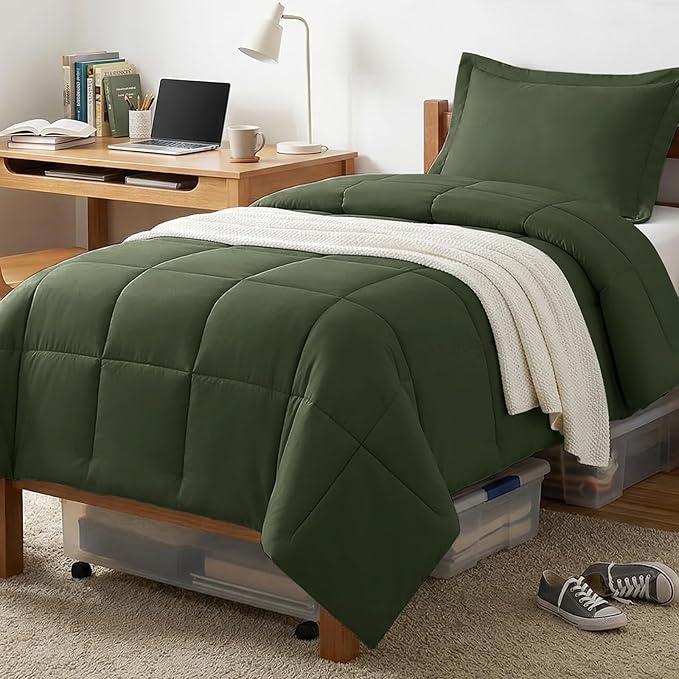 CozyLux Twin/Twin XL Comforter Set Olive Green - 270GSM Box Stitched Bedding Set for College Dorm & Back to School, Lightweight All Season for Teen Boys, Girls, 2 Pcs with Comforter and Pillow Sham