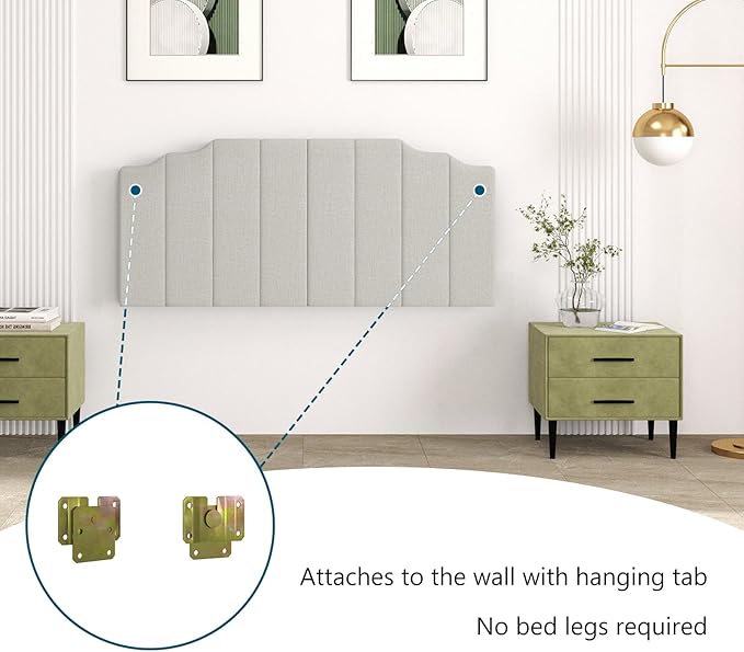 Befurtori Queen Size Headboard Only, Linen Wall Mounted Headboard Queen/Full Size for Adjustable Bed, Modern Vertical Channel Design with Curved Tufted Upholstered Head Board, Linen Gray