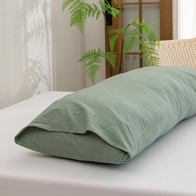 BESTOUCH 100% Washed Cotton Pillowcase for Hair and Skin Linen Feel Soft Comfortable Breathable 1 Pcs Pillow Case with Envelope Closure Solid Green Body 20x54 Inches