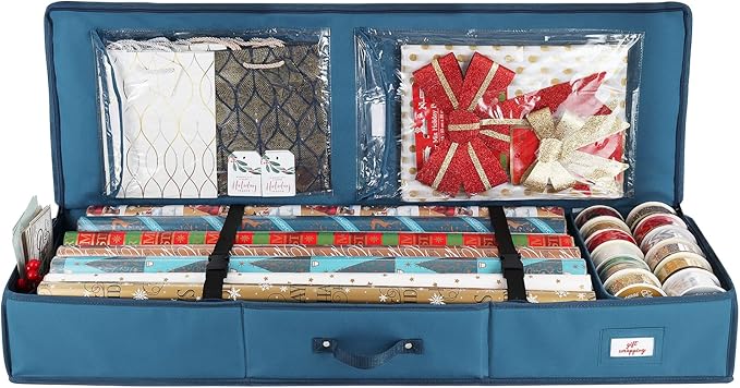 Hearth & Harbor Wrapping Paper Storage Container - Christmas Storage Bag with Interior Pockets - Gift Wrap Organizer Fits Up to 22 Rolls of 40" - Tear Proof, Blue