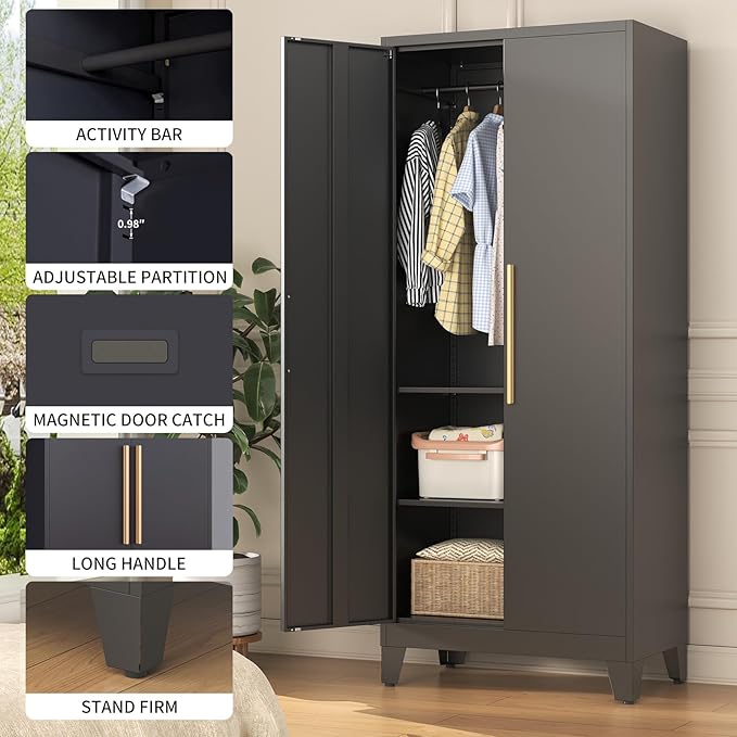 72" Tall Metal Armoire Wardrobe Closet - Large Clothing Storage Cabinet with Mirror Doors, 2 Hanging Rod & Adjustable Shelve - Closet Organizer for Bedroom, Office, Laundry Room, Garage - Green