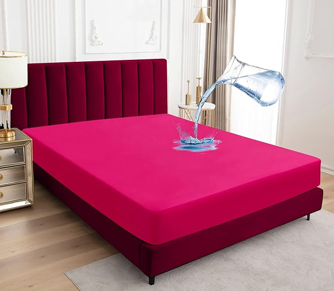Sufdari Full Size Mattress Protector,Waterproof Mattress Protector,Fitted Sheet Style Mattress Cover with 18" Deep Pocket,Washable and Comfortable-Deep Pink,Full