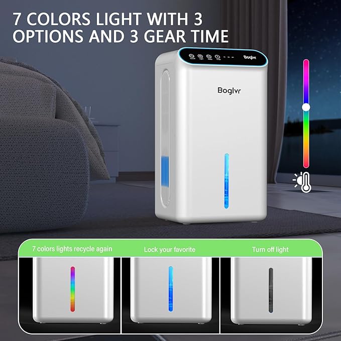 Dehumidifier for Home up to 1000 sq.ft, 98oz Small Quiet Dehumidifier with Drain Hose, 3 Timer Modes, Auto Shut Off, Aromatherapy & 7 Color Light for Bedroom, Bathroom, Basement (Sliver White)