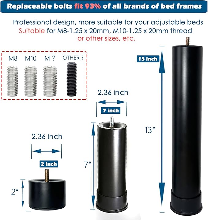 Benbuoo 13 Inch Metal Adjustable Bed Base Frame Leg Replacement Heavy Duty Extra Height Leg Compatible with 93% of Frameworks Such as M8 M10 M12 Thread (Set of 6), Black