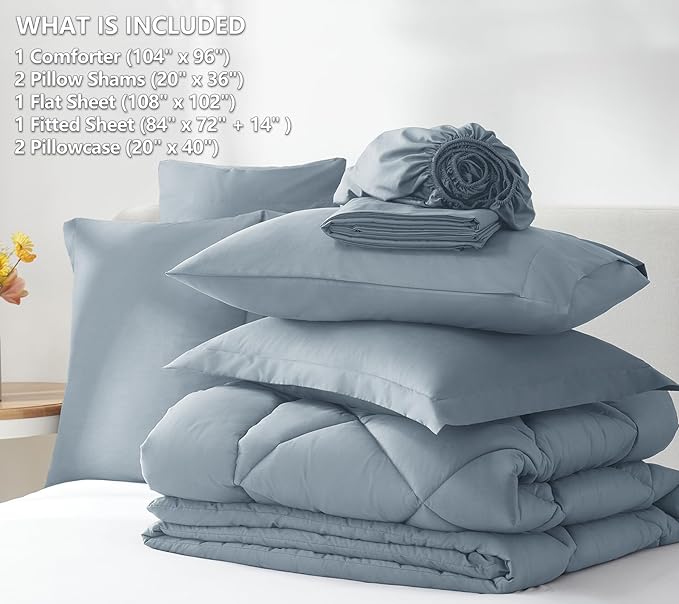CozyLux California King Comforter Set Dusty Blue - Cal King Bed in a Bag 7 Pieces, Luxury Soft Bed Set for All Seasons, Bedding Set with Down Alternative Comforter, Sheets, Pillowcases & Shams