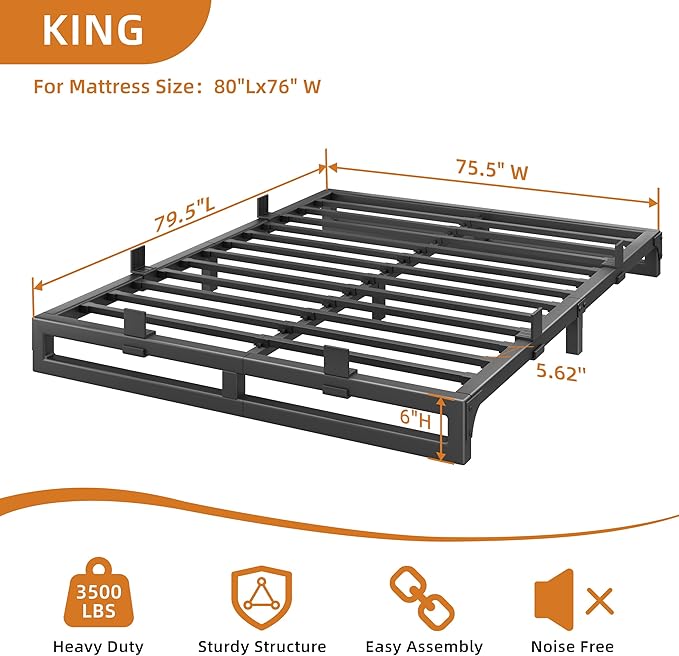 King Size Bed Frame, 6 Inch Metal Platform Bed Frames with Squeak Free U-Slot Design, 6 Non-Slip Guards, 3500lbs Heavy Duty Steel Slat Support, No Box Spring Needed, Under Bed Storage, Black