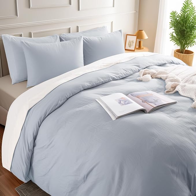 NEXHOME PRO Full Duvet Cover Set, 100% Washed Cotton with Linen-Like Texture, Natural Organic, Breathable & Comfortable, Includes Home Bedding Set Cornflower Blue (No Comforter) 80"x90"