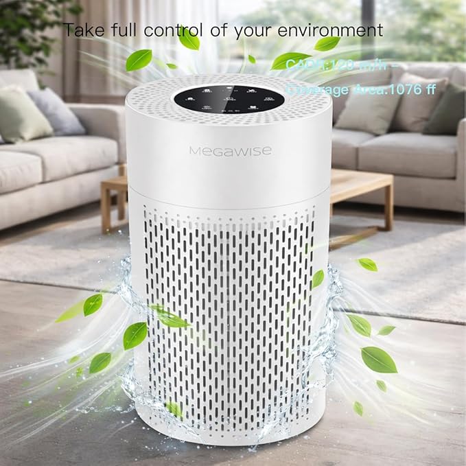 MEGAWISE 2Pack Updated Version Smart Air Purifier for Home Large Room up to 1076ft², H13 True HEPA Filter with Smart Air Quality Sensor, Sleep Mode, Quiet for Smoke, Pets Hair, Odors, White
