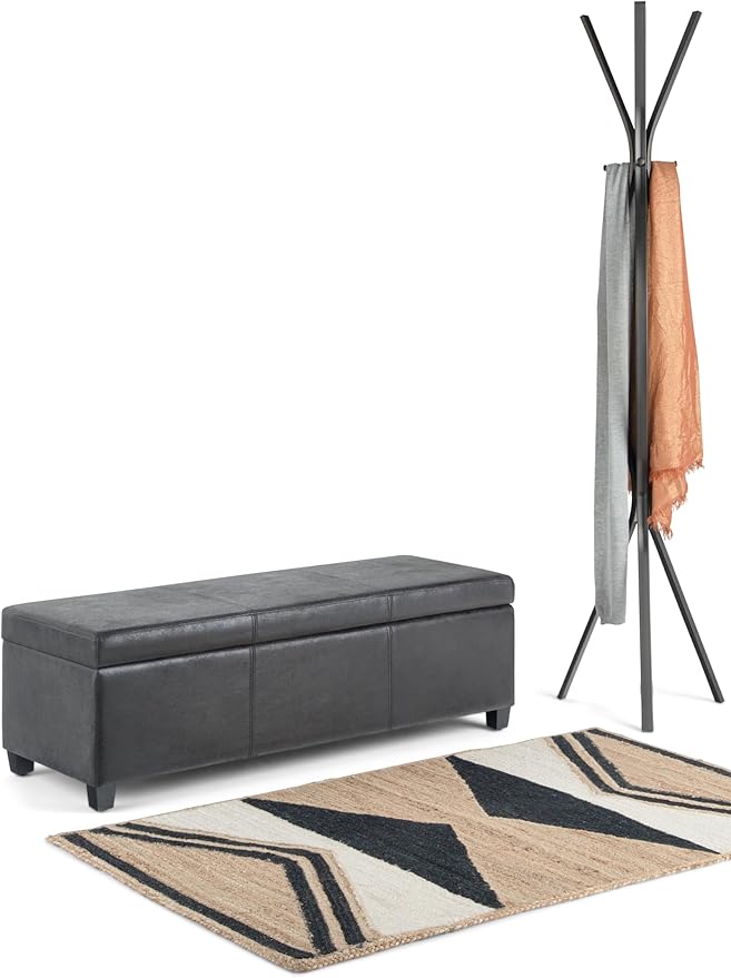 SIMPLIHOME Avalon Storage Ottoman Bench - 48" Wide x 16" High Upholstered Vegan Leather Rectangular Lift-Top Ottoman in Distressed Black, Contemporary Bench for Living Room with High-Density Foam