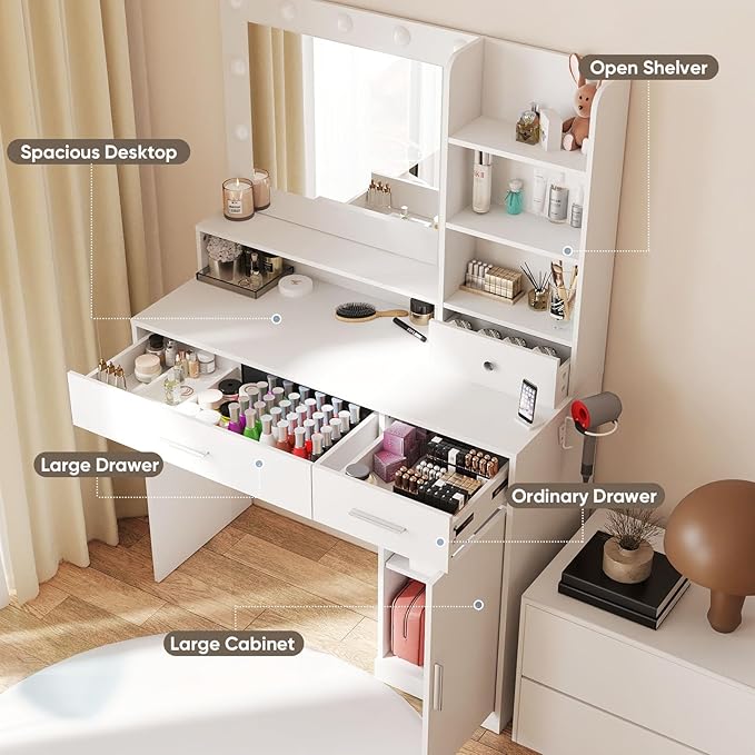 DUMOS Vanity Desk Makeup with Mirror LED Lights, Table with Power Outlet 2 Drawer, 4 Storage Shelves Cabinet & 3 Lighting Mode Adjustable Brightness, Dressing Tables for Bedroom, White
