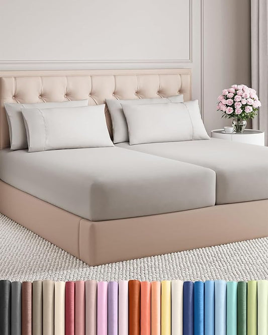 Split King 7 Piece Sheet Set - Comfy, Breathable & Cooling - Soft Hotel Luxury Bedding for Women, Men, Kids, Teens & Children - 1 Flat & 2 Fitted Sheets & 4 Pillowcases w/ Deep Pockets - French Grey