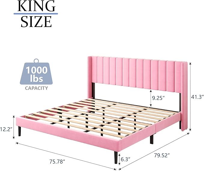 Gruwans King Size Bed Frame with Wingback Headboard, Upholstered Platform Bed, No Box Spring Needed, Sturdy Wooden Slat Support, Easy Assembly, Pink