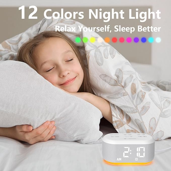 Small Digital Alarm Clock for Bedroom White Noise Sound Machine with 30 Soothing Sound Plug in Desk Bedside Clock with NightLight Battery Backup 15 Wake up Sound Clock for Teen Kid Heavy Sleeper
